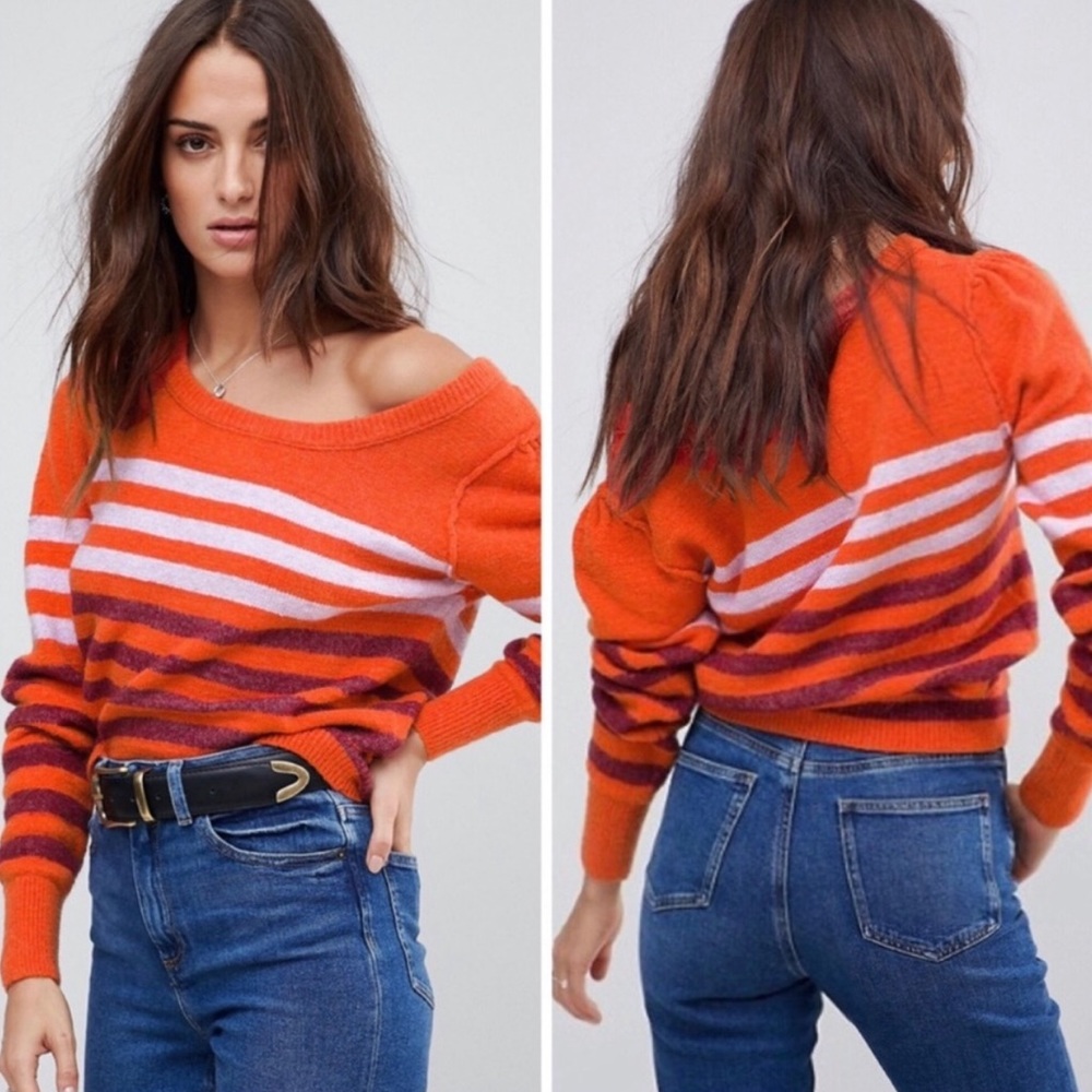 NWOT 🧡 Free People Orange Stripes fall sweater - Picture 1 of 6
